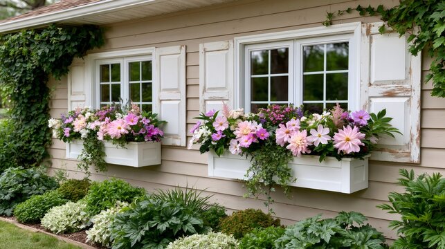 House exterior with blooming pink window boxes and rustic shutters