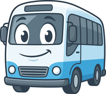 Cheerful blue and white passenger transport character smiling signifying joyful urban mobility and school adventures. This animated portrayal embodies community connections and accessible travel for e