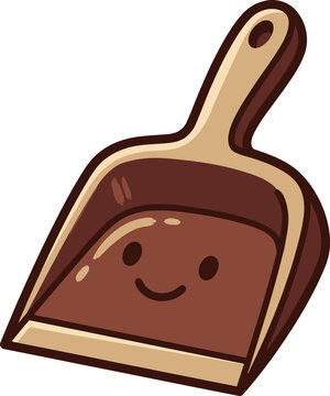 Cheerful brown dustpan artwork with a friendly smiling face symbolizing helpfulness and tidiness in domestic routines bringing a delightful spirit to household upkeep.