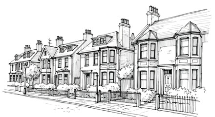 Obraz premium Victorian Suburban Street Row House Vector Sketch Illustration