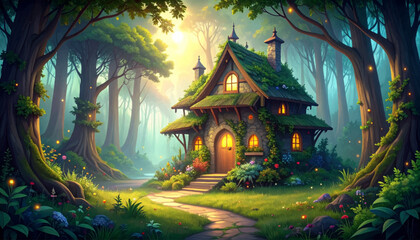 Obraz premium Fairy house glowing under golden forest sunrise. Lush moss roof cottage for magical wall decor. Enchanted cabin scene with flowers and warm lamps