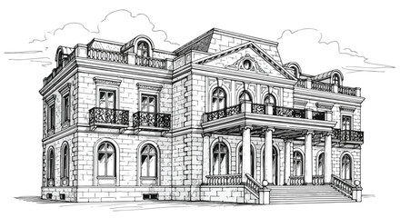 Obraz premium Classic Luxury Mansion Architecture Vector Illustration Hand Drawn Sketch