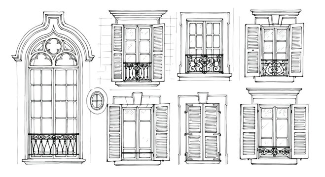 Classic European Window Sketches Vector Set Hand Drawn Illustration