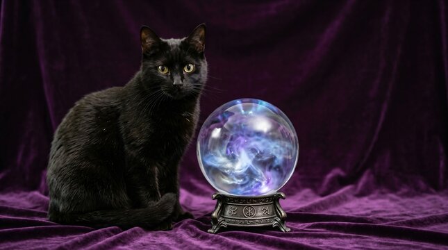 Black cat sitting next to a glowing crystal ball on a purple velvet fabric. Fortune telling and magic divination concept. Spiritual mystical scene with esoteric light and mystery.