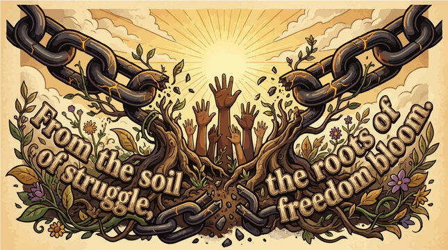 Powerful Juneteenth Liberation Illustration - From the Soil of Struggle the Roots of Freedom Bloom Broken Chains Graphic