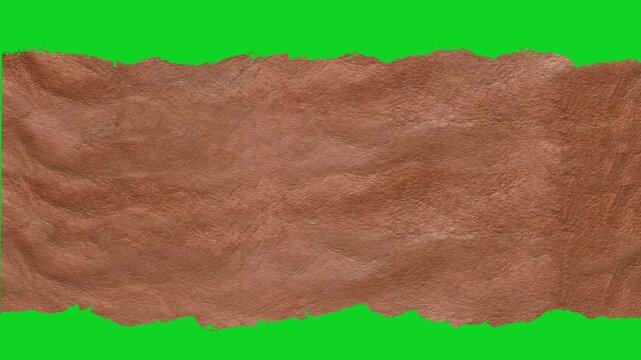 Brown crumpled texture material corner peeling revealing animated on a green screen chroma key background. It gives a high quality professional template design element for video compositing