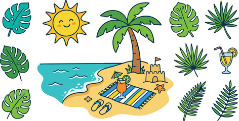 Tropical Beach Elements Collection with Cute Sun and Palm Tree Vector Illustration © reyna_art