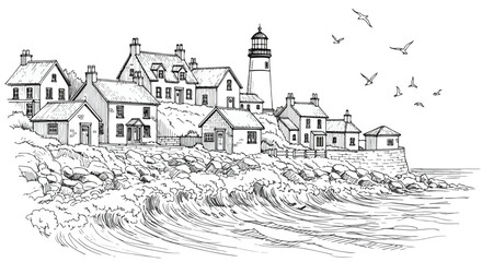Naklejka premium Hand drawn coastal village and lighthouse vector illustration sketch.