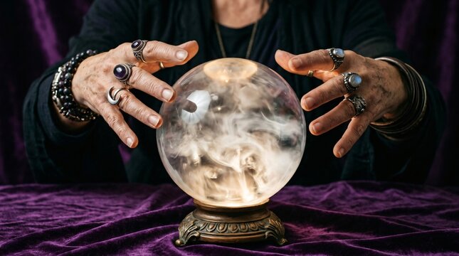 Woman fortune teller with hands over a glowing crystal ball. Mystic clairvoyant predicting future with magic orb. Esoteric concept with spiritual psychic ritual and occult session.