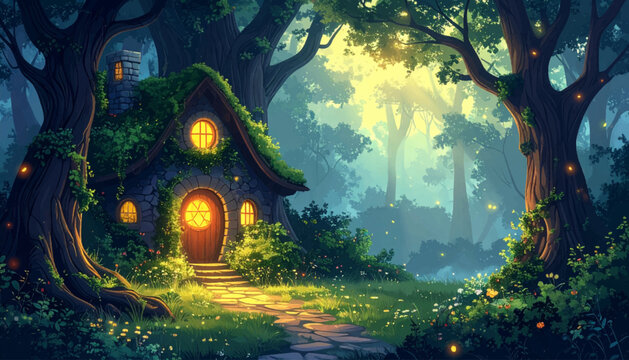 Moss hut with forest copy space and glowing doorway. Fantasy cabin scene for banner and advertising layout. Magical woodland path with warm lights and open area
