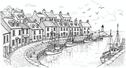 Obraz premium Coastal Fishing Village Harbor Vector Illustration Sketch