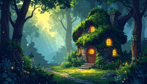 Deep forest cottage with moss roof and golden windows. Enchanted house framed by towering trees and soft rays. Magical path scene for fantasy poster or game art