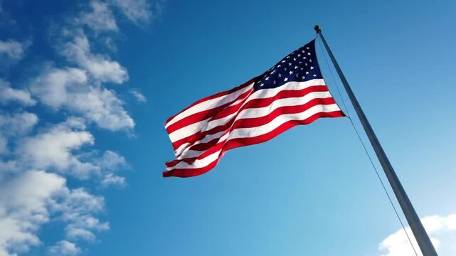 American flag waving on a tall flagpole against a bright blue sky
