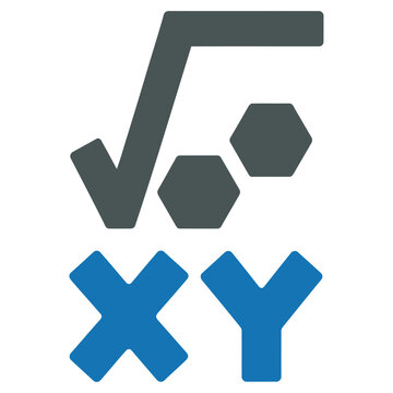 Vector graphic of a mathematical symbol with a checkmark and hexagons next to xy