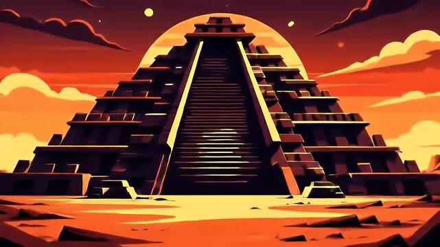 Stepped pyramid with central stairway, desert landscape at sunset/sunrise