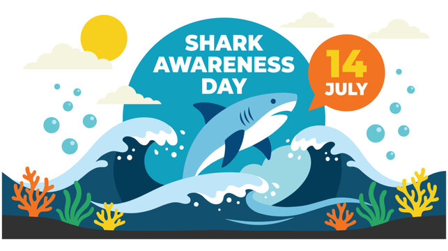 Shark awareness day with a playful shark jumping over ocean waves.