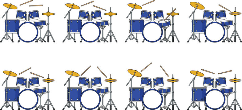Blue Drum Set Collection Vector Illustration Featuring Acoustic Drum Kits Cymbals and Percussion Instruments
