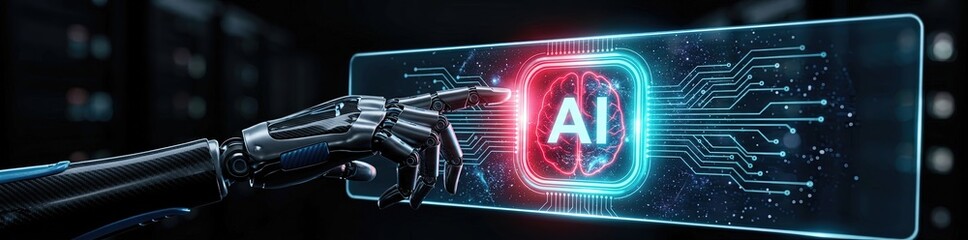 Ai technology innovation exploring robotic intelligence in a futuristic data center environment with a focus on digital interaction and machine learning concepts
