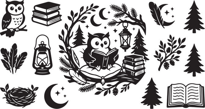 Whimsical forest scene with owl reading books peacefully