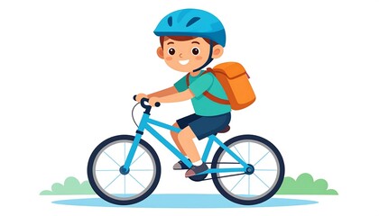 Fototapeta premium A cartoon child wearing a helmet and backpack rides a blue bicycle. The scene depicts a sunny day with green foliage