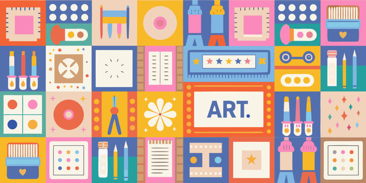art supplies pattern colorful grid of creative tools and elements