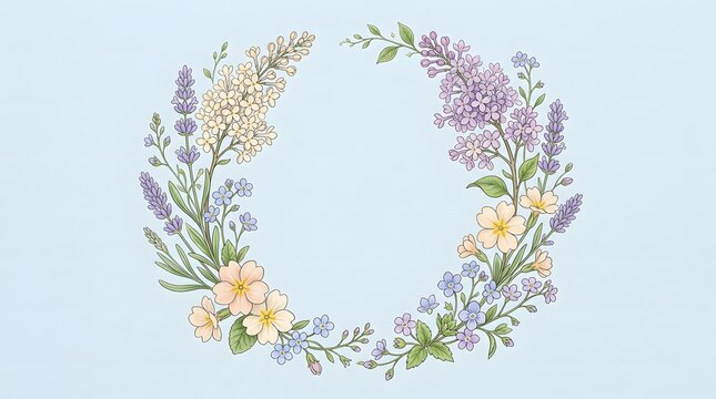 Floral wreath illustration with lavender lilac and forget me nots