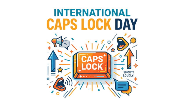 International Caps Lock Day vector illustration with colorful keyboard key, speech icons and loud communication symbols isolated on transparent background