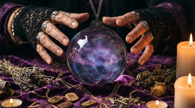 Crystal ball with swirling glowing purple mist on violet velvet fabric. Fortune teller tool for divination and prophecy. Mystical object for magic ritual and psychic future insight.