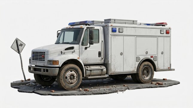 Truck Emergency Response Vehicle Stands Ready on Damaged Road