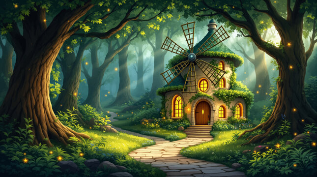 Small wind mill home glowing among trees and forest sparks. Round stone cottage with moss roof for fantasy branding. Luminous grove scene with curved path and warm windows