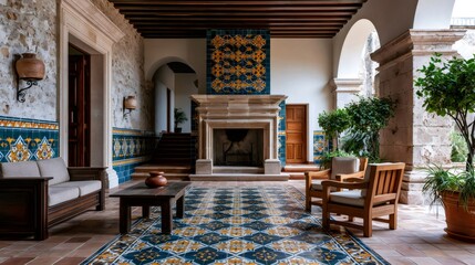 Fototapeta premium Spanish colonial courtyard with traditional tile fireplace