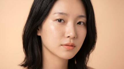 Naklejka premium Close up portrait of young East Asian woman with natural skin and dark hair.