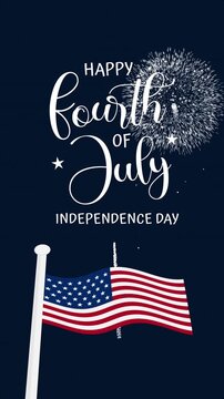 4th of july text, american flag, fireworks for patriotic celebrations. Perfect for independence day promotions, vertical social media posts, patriotic designs.