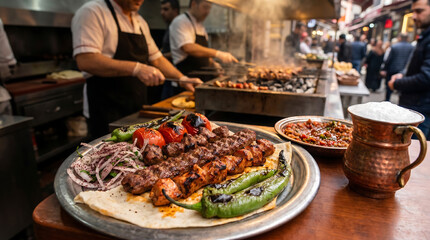 Obraz premium Char-Grilled Turkish Adana and Phish Kebabs with Grilled Vegetables