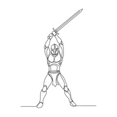 Obraz premium Warrior with Sword, Single Line Art, Minimalist Knight Illustration