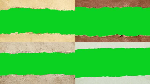 Collage four vintage grunge peeled textures revealing animated on a green screen chroma key background. It gives a high quality professional template design element for video compositing motion