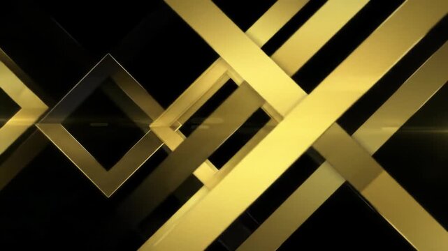 A sophisticated abstract motion graphics video: gleaming gold geometric shapes & ribbons subtly morph on a deep black background with matte lines, flares. Modern luxury branding concept