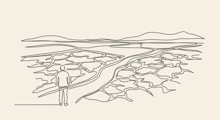 Naklejka premium Minimalist Landscape Illustration: Person Observing Expansive Terrain