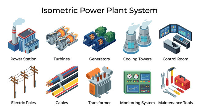 Isometric power plant system with components like turbines, cooling towers, transformer, and control room for energy generation