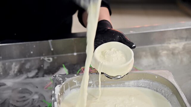 Making fresh burrata cheese, pouring curds into a bowl, creamy texture visible