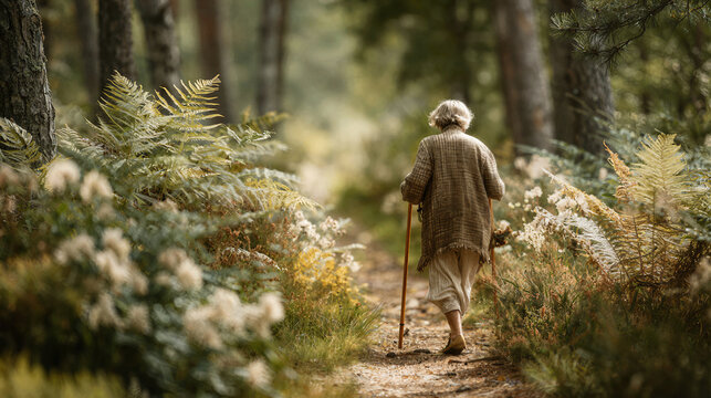 Elderly woman with walking sticks enjoys a peaceful hike through a sun-dappled forest path