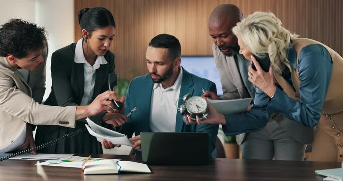 Business, group and man with chaos for deadline, auditor multitasking and phone call. Stress, overwhelmed and accountant with team in office, crisis and busy with schedule, agenda or time management