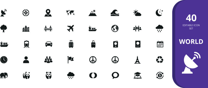 Editable icon set 40 essential world map icons Vector illustration.