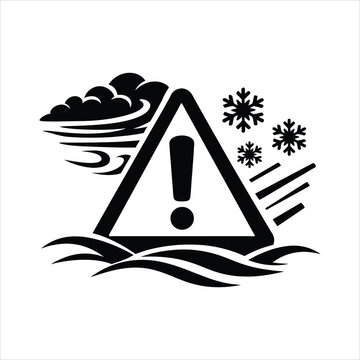 Weather warning sign with wind snow and exclamation mark during storm isolated on white background
