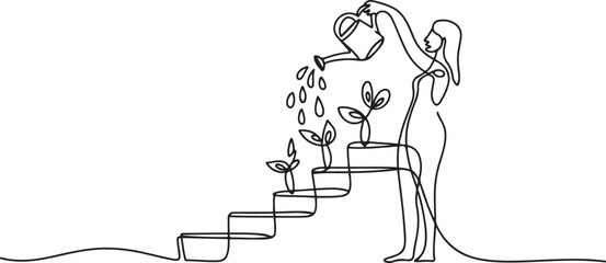 Continuous one line drawing a woman stands on the stairs and waters the head that grows 3 plants. Watering to awaken.one line Art icon drawing vector © MstMoushumi