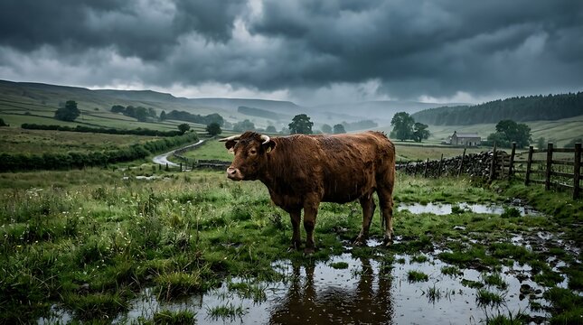 Brown Cow Standing in a Muddy Field Under a Dramatic Cloudy Sky.