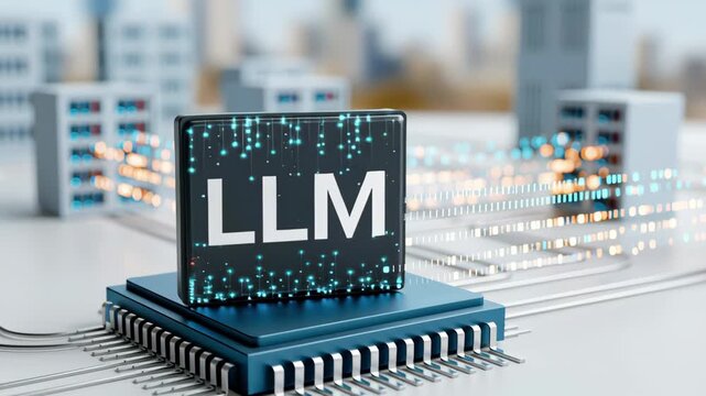 LLM chip circuit board with artificial intelligence, machine learning model, language data network, futuristic digital city