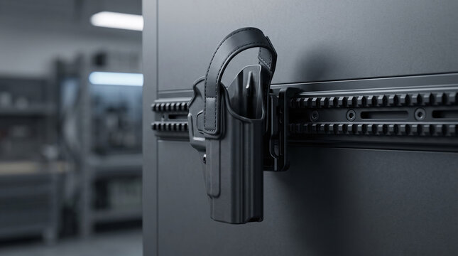 Tactical holster mounted on a rail system, emphasizing security and preparedness.