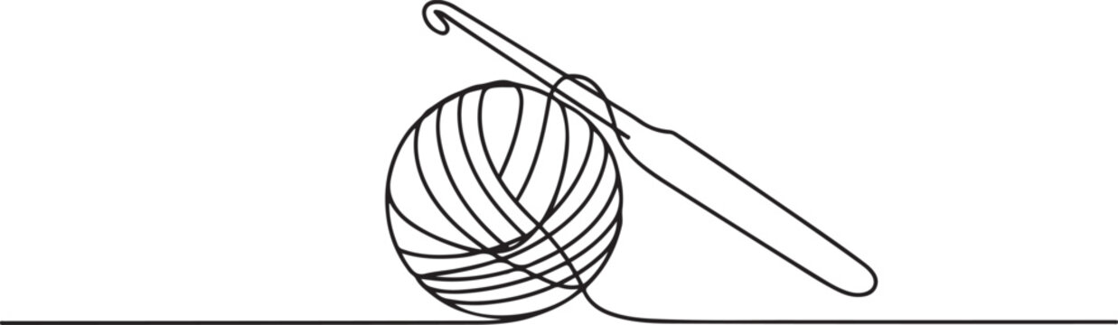 continuous one line drawing of knitting yarn ball with crochet hook.one line Art icon drawing vector