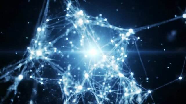 Mesmerizing intricate futuristic network visualization unfolds, blue-white light particles expanding from a pulsating core, forming glowing lines on a deep black void. Digital consciousness birth